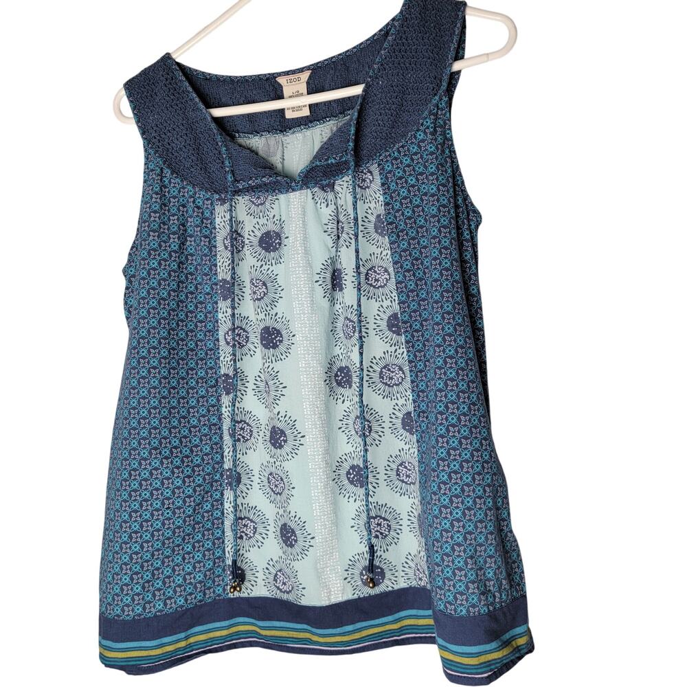 IZOD Boho‎ Crochet(Top) Patchwork Top Size L Tie Front Tassels Blue Flowy Artist